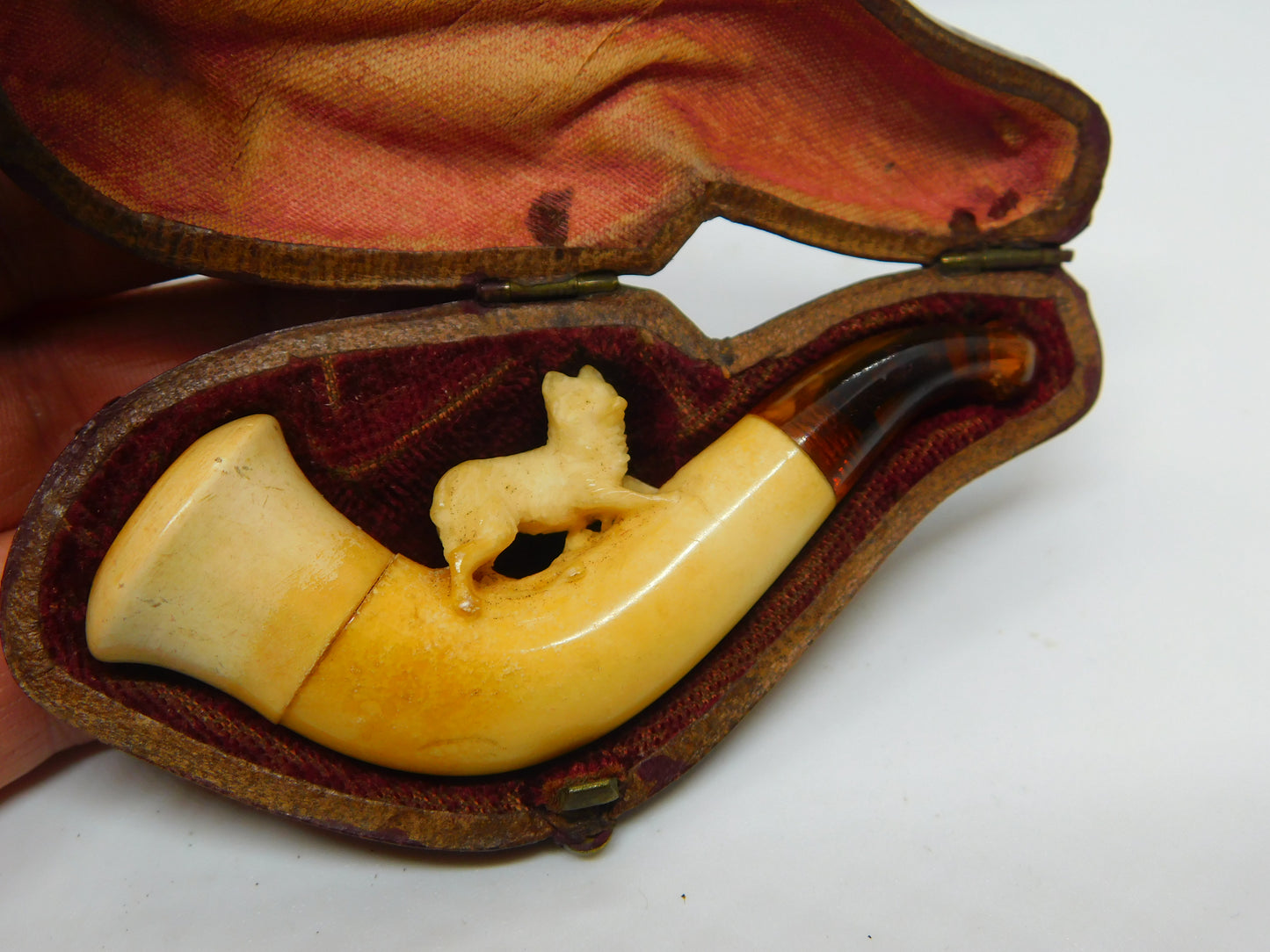 Victorian Cased Meerschaum Block Amber Novelty Fox Pipe Antique c1860