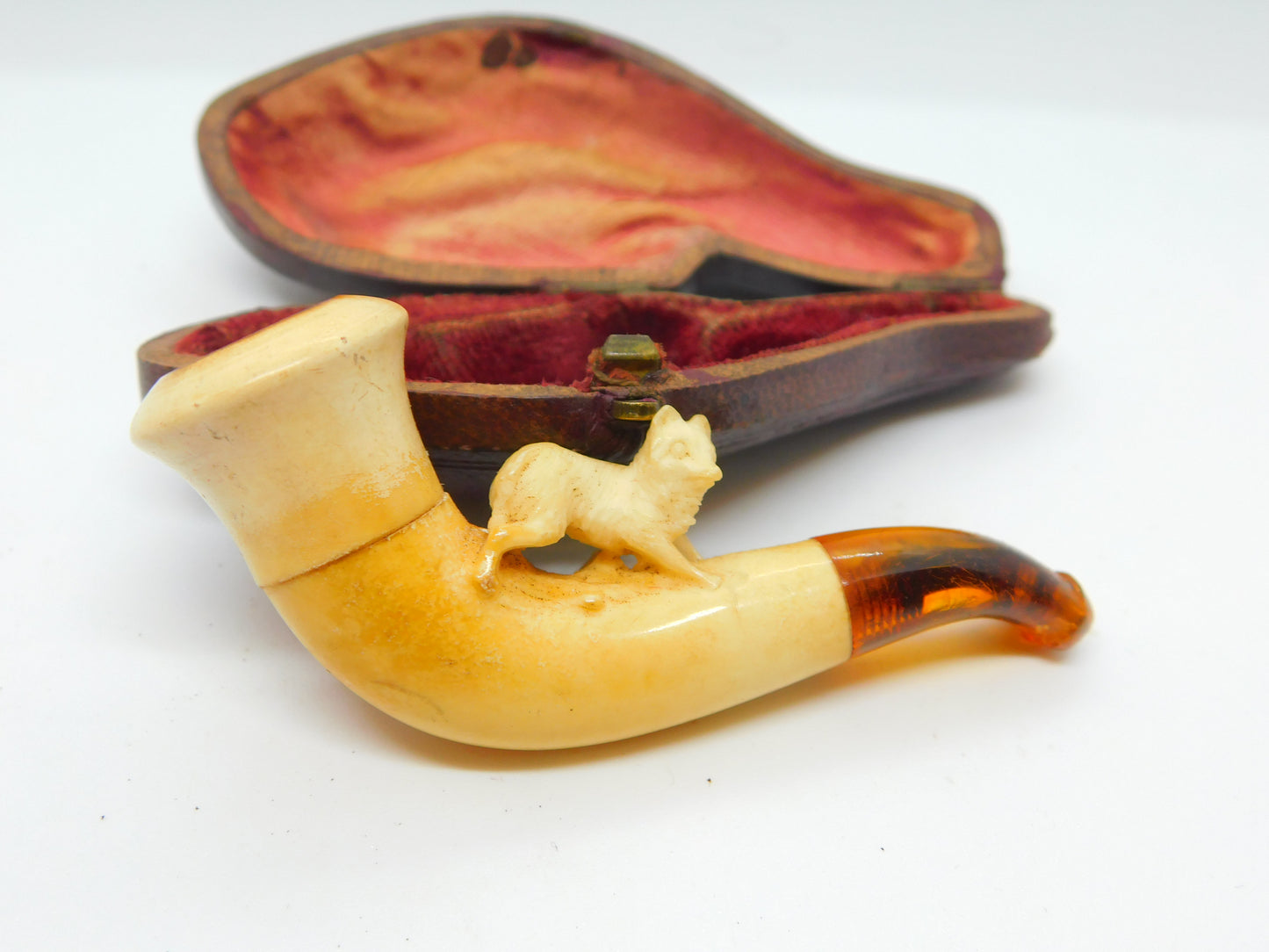 Victorian Cased Meerschaum Block Amber Novelty Fox Pipe Antique c1860