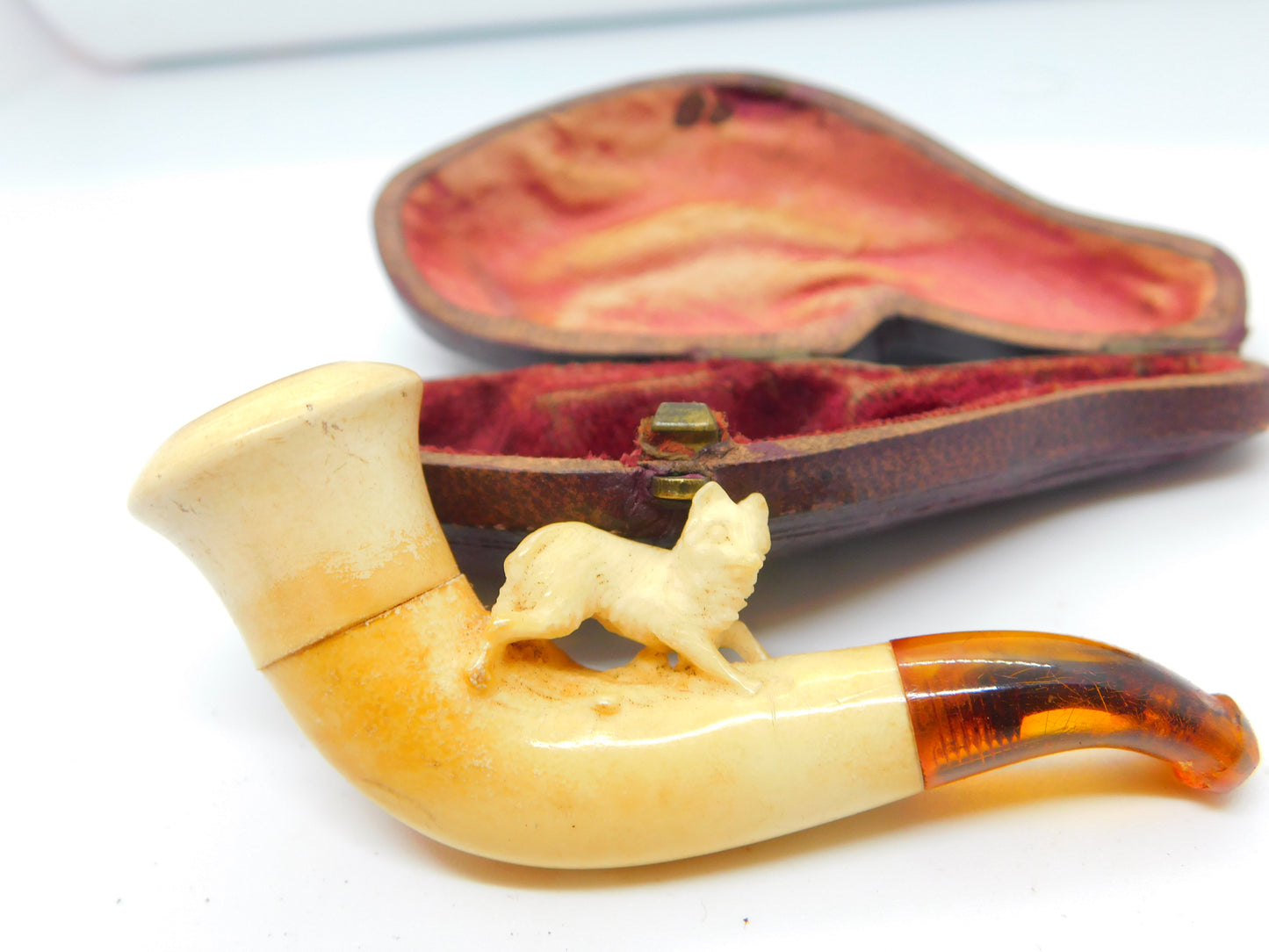 Victorian Cased Meerschaum Block Amber Novelty Fox Pipe Antique c1860