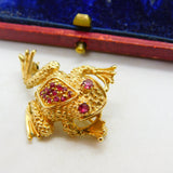 14ct Yellow Gold Ruby Set Leaping Frog Statement Brooch Pin Vintage c1970