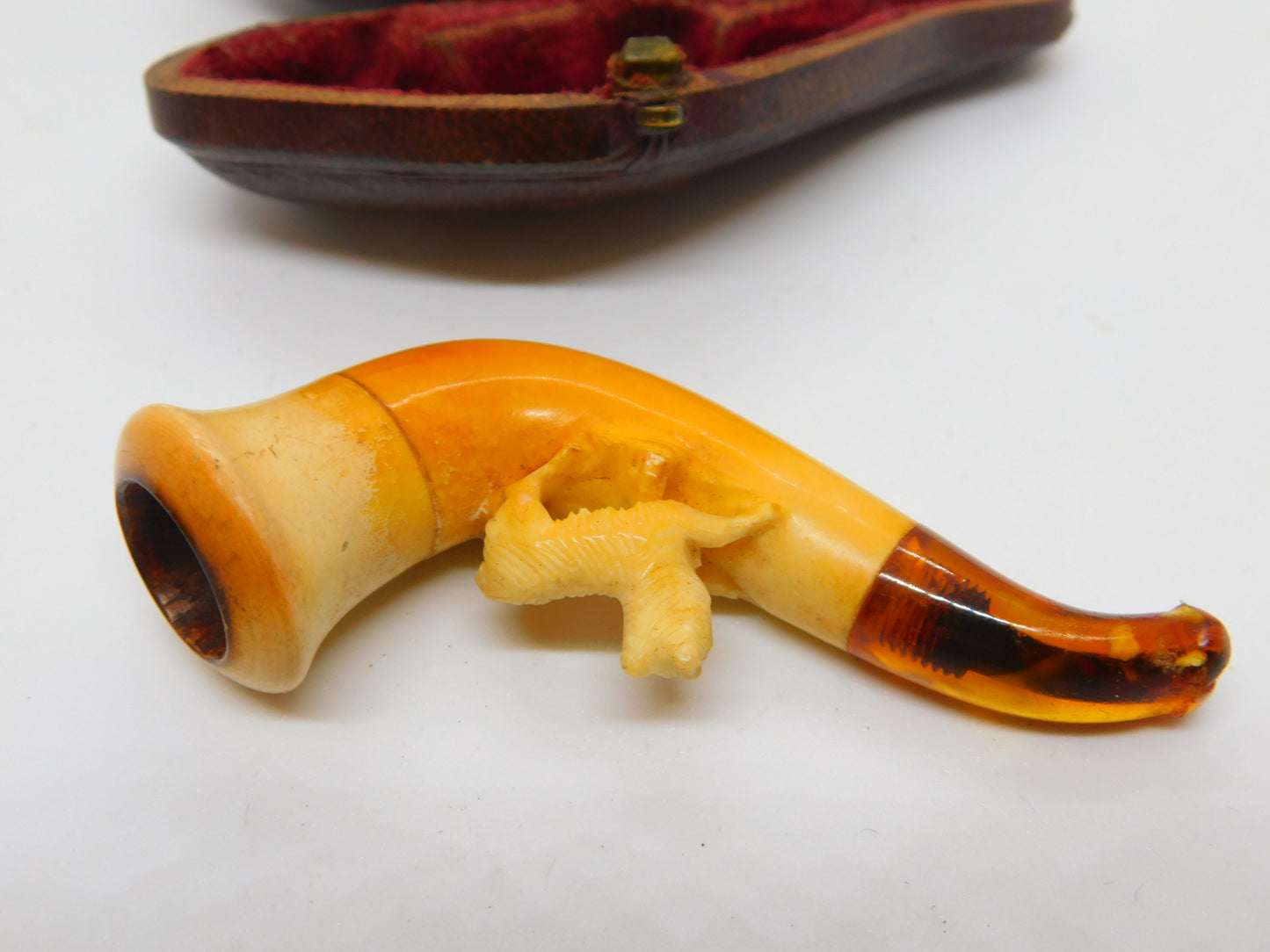 Victorian Cased Meerschaum Block Amber Novelty Fox Pipe Antique c1860