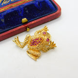 14ct Yellow Gold Ruby Set Leaping Frog Statement Brooch Pin Vintage c1970