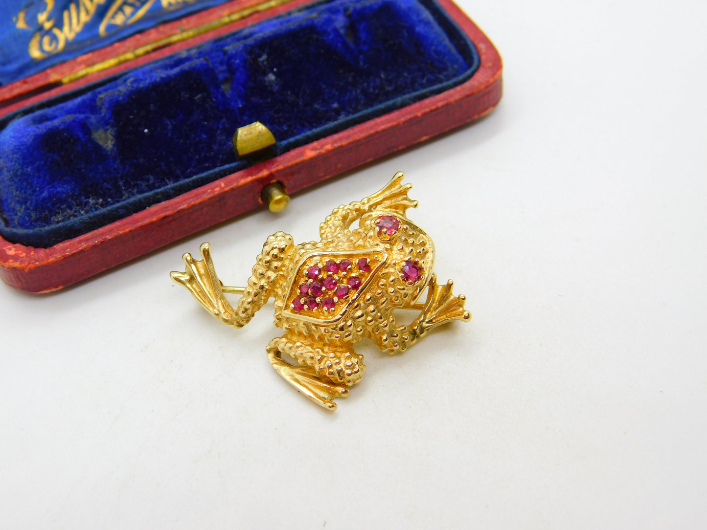 14ct Yellow Gold Ruby Set Leaping Frog Statement Brooch Pin Vintage c1970