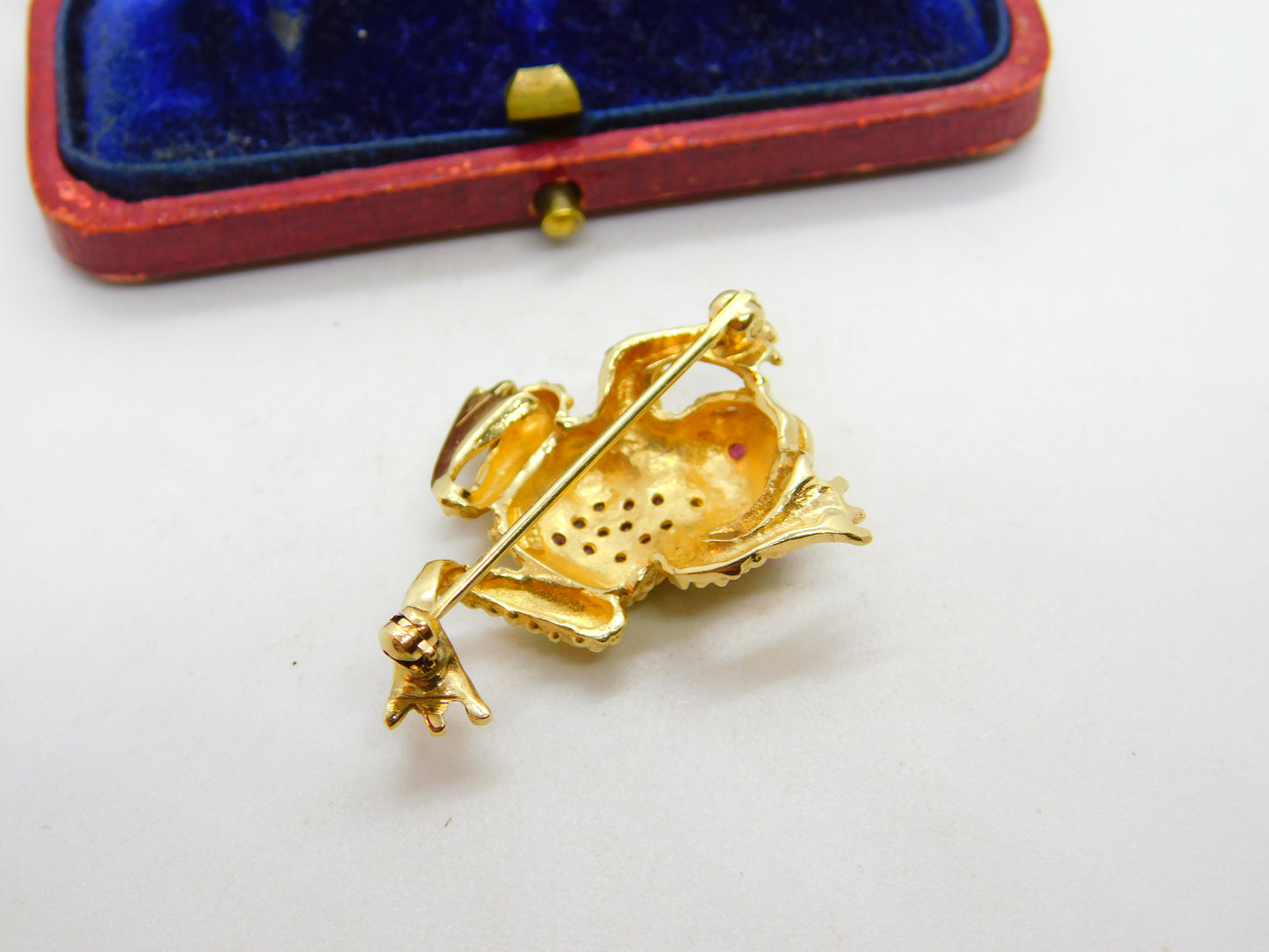 14ct Yellow Gold Ruby Set Leaping Frog Statement Brooch Pin Vintage c1970