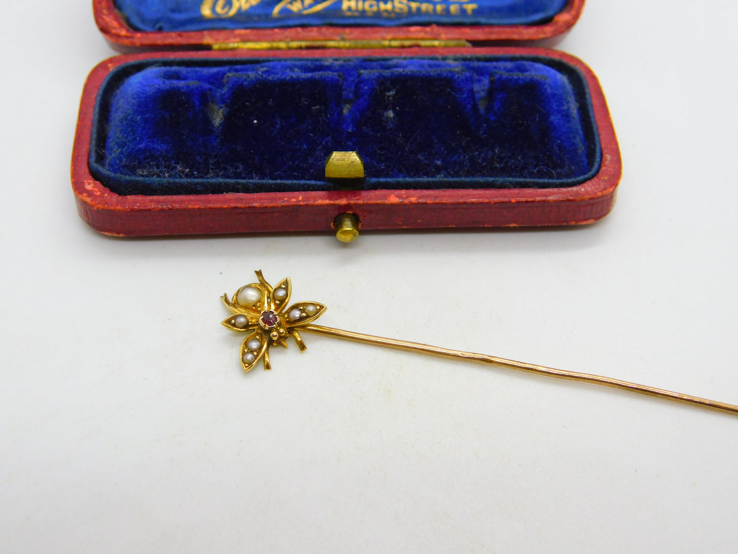 Edwardian 15ct Gold, Seed Pearl & Ruby Set Insect Bug Stick Pin c1910 Antique