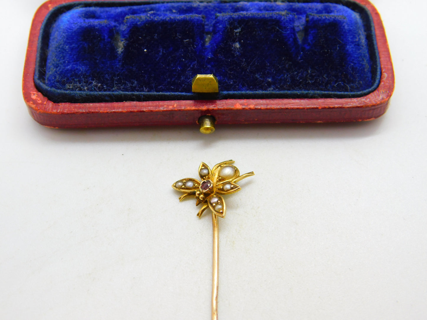 Edwardian 15ct Gold, Seed Pearl & Ruby Set Insect Bug Stick Pin c1910 Antique