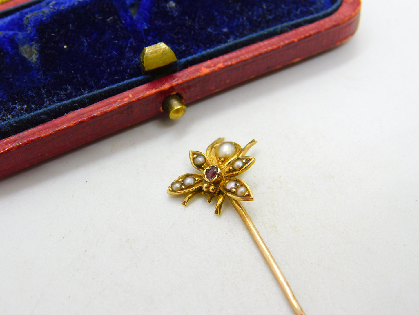 Edwardian 15ct Gold, Seed Pearl & Ruby Set Insect Bug Stick Pin c1910 Antique