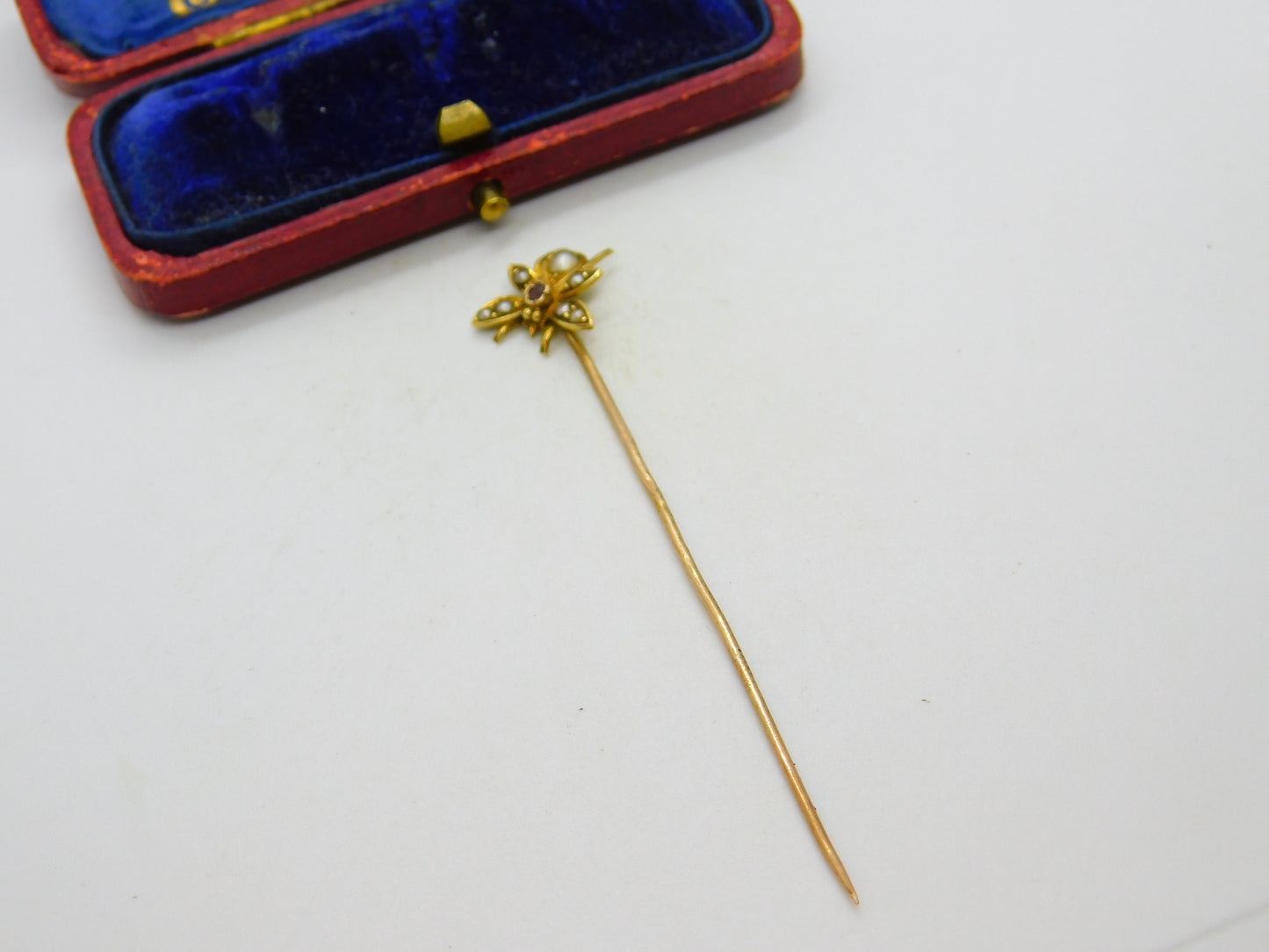 Edwardian 15ct Gold, Seed Pearl & Ruby Set Insect Bug Stick Pin c1910 Antique