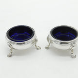 George II Pair Sterling Silver Blue Glass Lined Salt Cellars 1748 London Antique