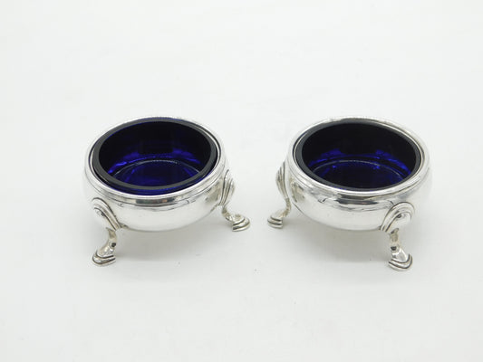 George II Pair Sterling Silver Blue Glass Lined Salt Cellars 1748 London Antique