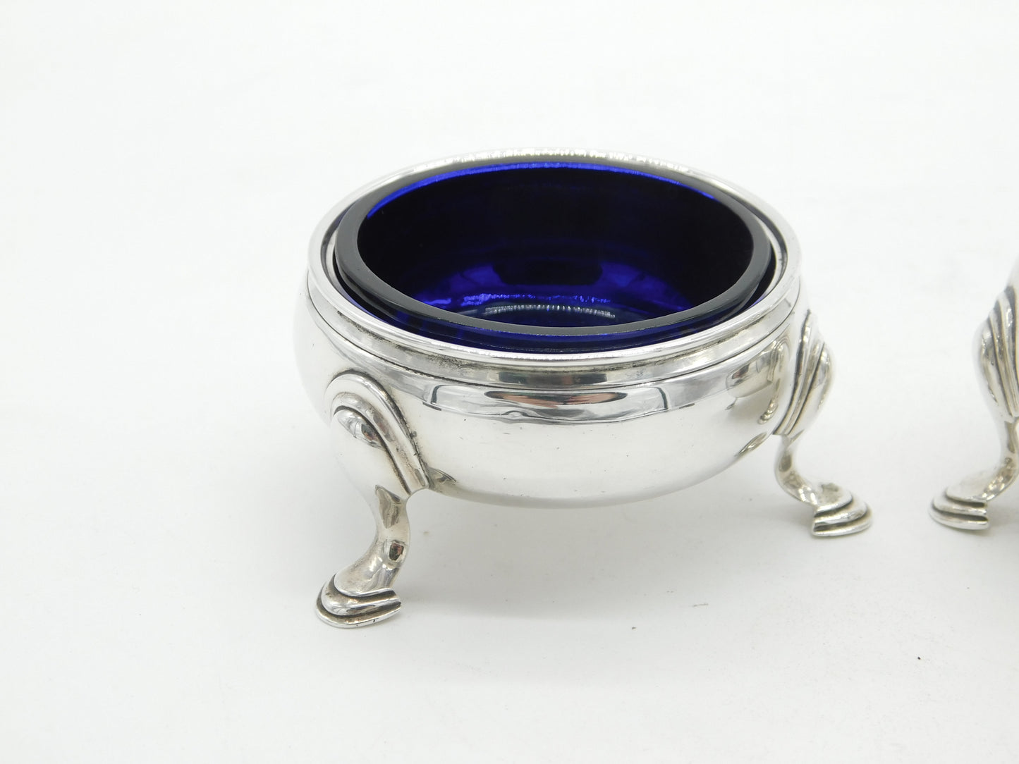 George II Pair Sterling Silver Blue Glass Lined Salt Cellars 1748 London Antique