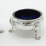 George II Pair Sterling Silver Blue Glass Lined Salt Cellars 1748 London Antique