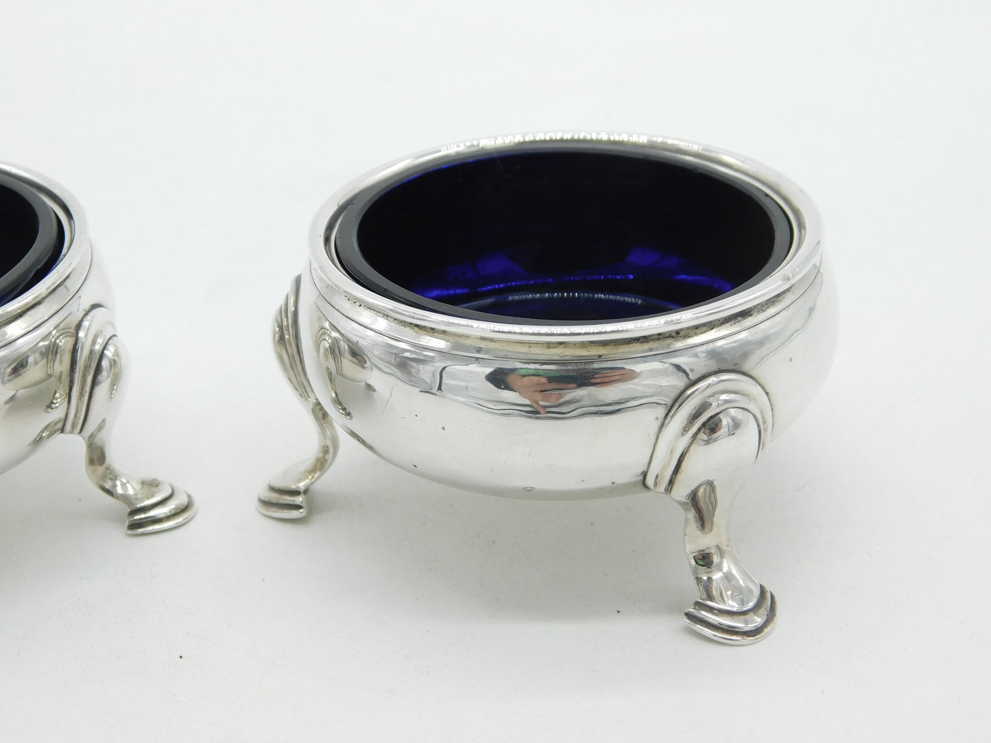 George II Pair Sterling Silver Blue Glass Lined Salt Cellars 1748 London Antique