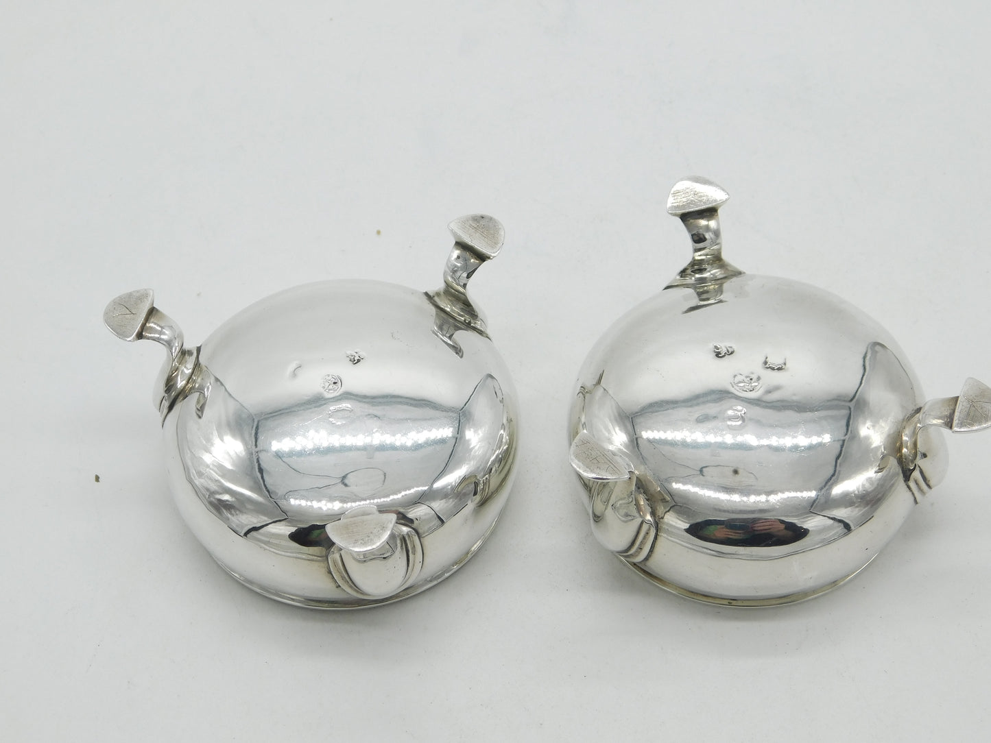 George II Pair Sterling Silver Blue Glass Lined Salt Cellars 1748 London Antique