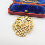 Celtic Double Bird Modernist 9ct Yellow Gold Brooch Pin Vintage 2000