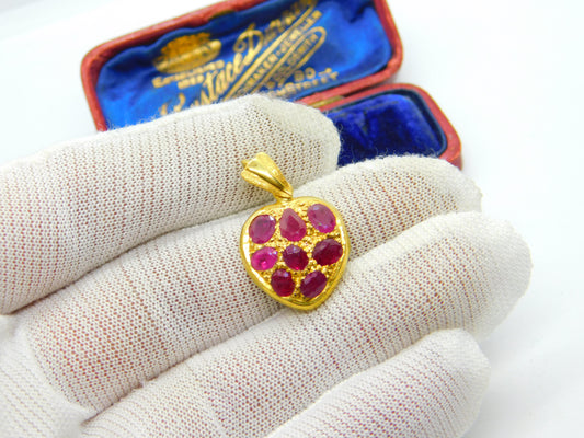 Victorian Indian 22ct Gold Heart Locket with Pave Set Natural Rubies c1880