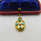 Victorian 15ct Gold, 0.1ct Diamond & Turquoise Single Locket Pendant c1880