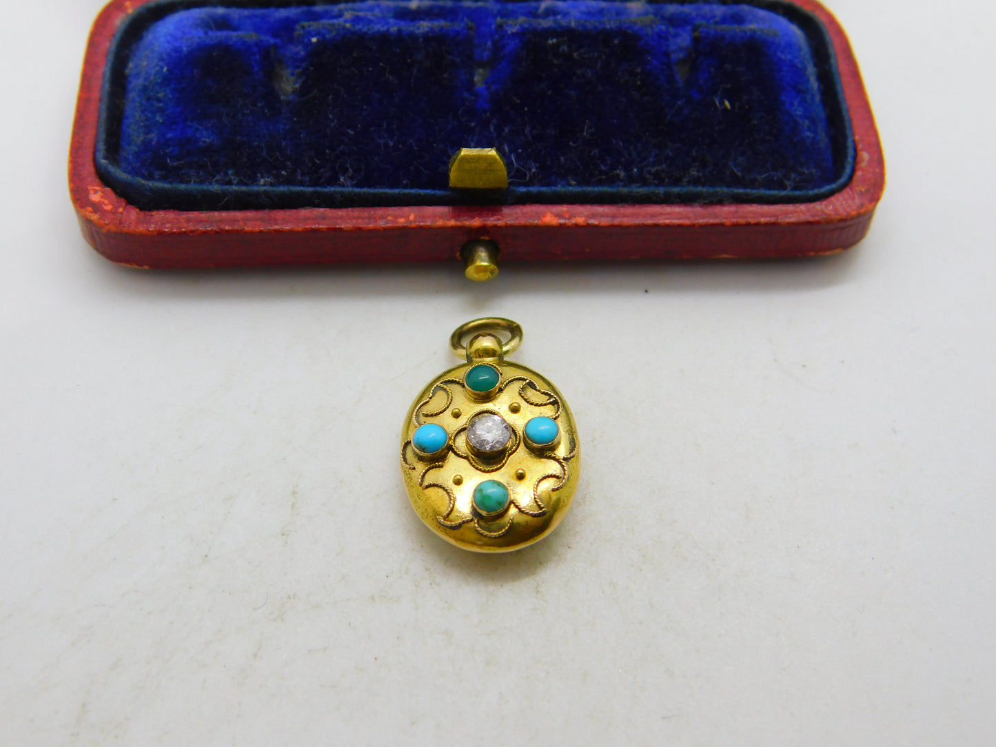 Victorian 15ct Gold, 0.1ct Diamond & Turquoise Single Locket Pendant c1880