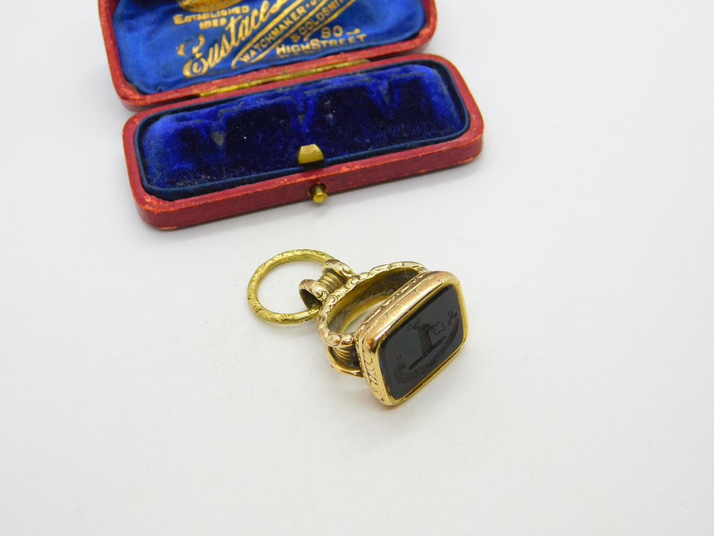 Early Victorian Pinchbeck Gold Carved Bloodstone 'I Tend & Protect' Fob c1840