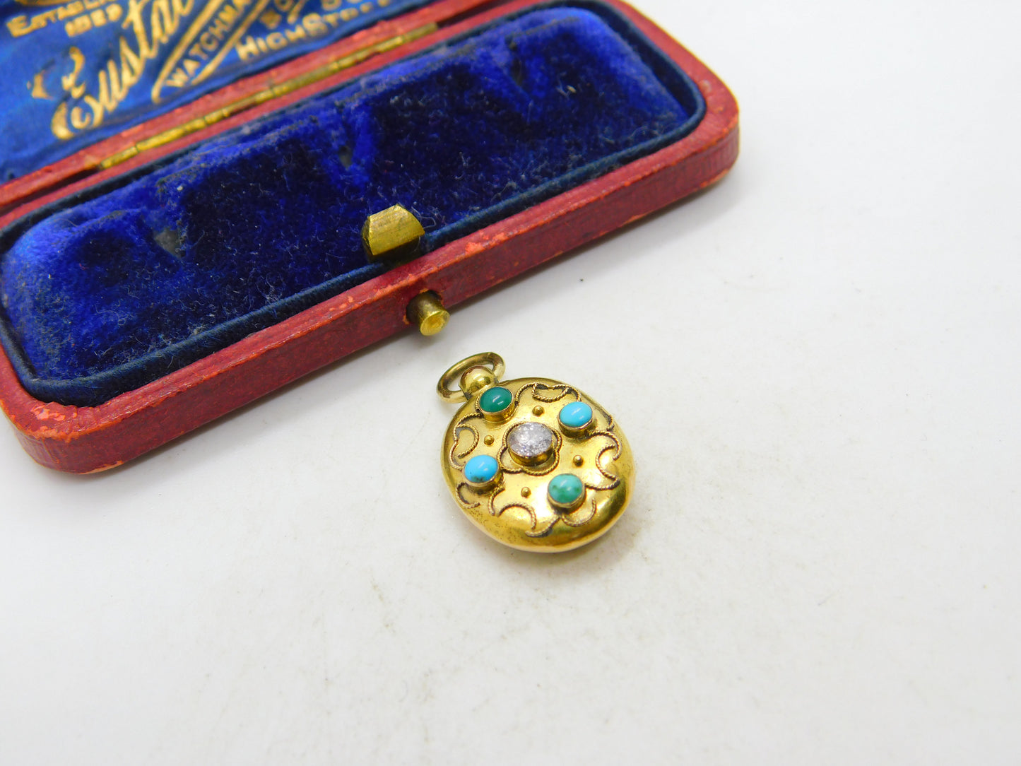 Victorian 15ct Gold, 0.1ct Diamond & Turquoise Single Locket Pendant c1880