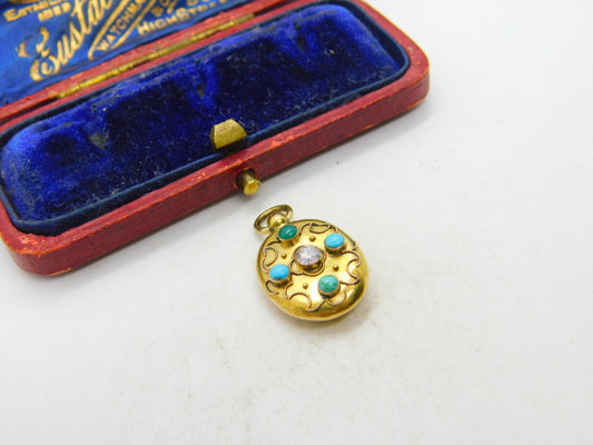 Victorian 15ct Gold, 0.1ct Diamond & Turquoise Single Locket Pendant c1880