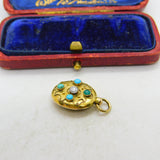 Victorian 15ct Gold, 0.1ct Diamond & Turquoise Single Locket Pendant c1880