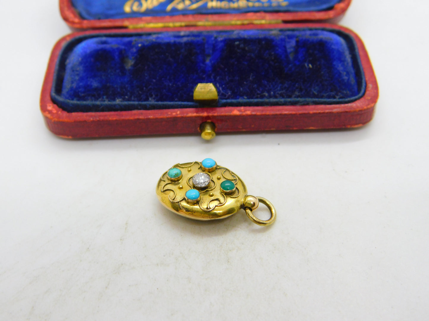 Victorian 15ct Gold, 0.1ct Diamond & Turquoise Single Locket Pendant c1880