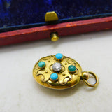 Victorian 15ct Gold, 0.1ct Diamond & Turquoise Single Locket Pendant c1880
