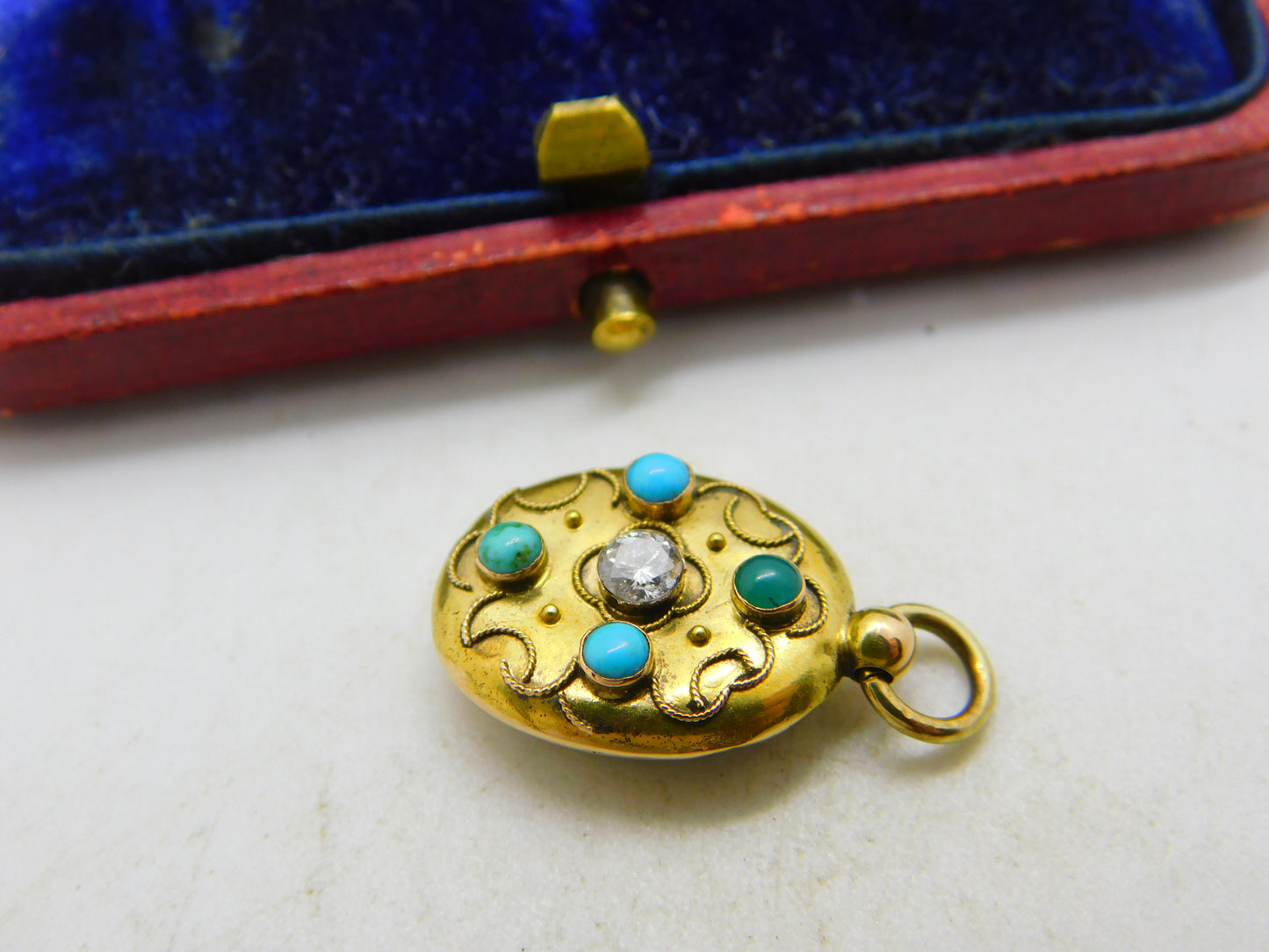 Victorian 15ct Gold, 0.1ct Diamond & Turquoise Single Locket Pendant c1880