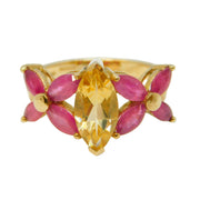 9ct Yellow Gold, Citrine & Ruby Set Floral Dress Ring Vintage c1990 Birmingham