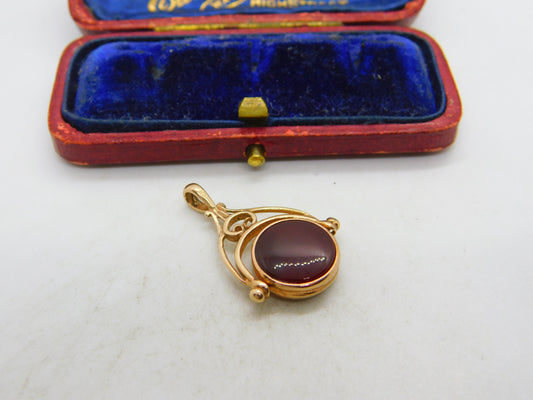 9ct Rose Gold Victorian Style Nephrite Jade & Carnelian Spinner Pendant 1990