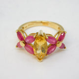 9ct Yellow Gold, Citrine & Ruby Set Floral Dress Ring Vintage c1990 Birmingham
