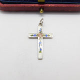 Sterling Silver & Rose Flower Guilloche Enamel Cross Pendant Antique c1920