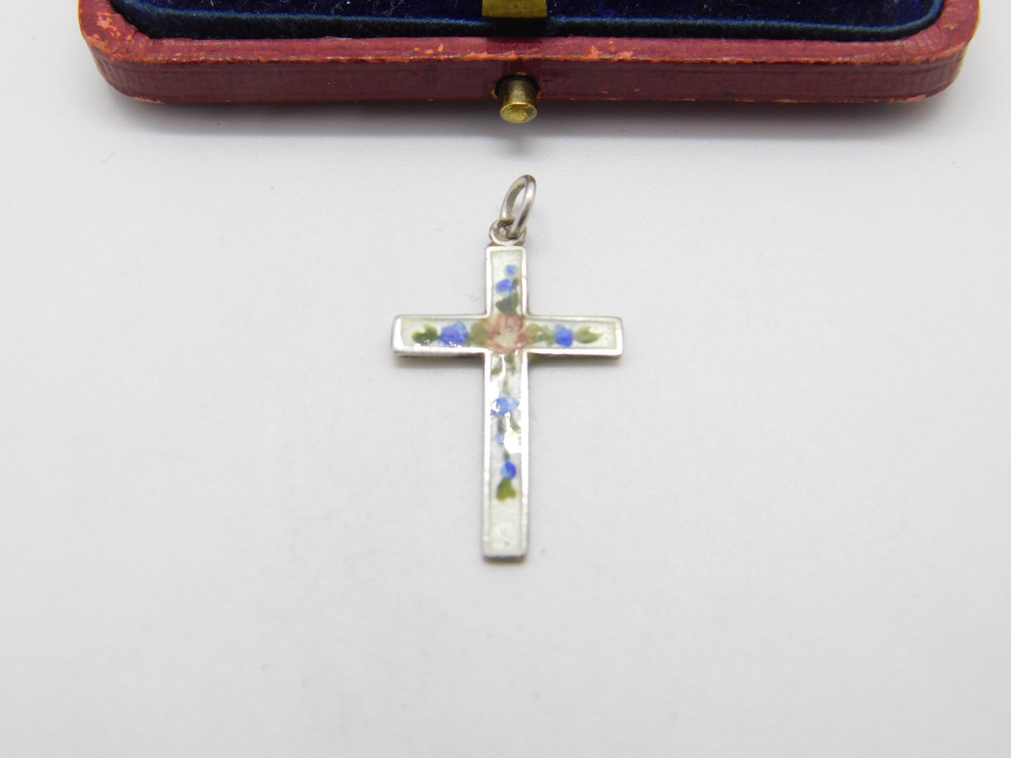 Sterling Silver & Rose Flower Guilloche Enamel Cross Pendant Antique c1920