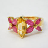 9ct Yellow Gold, Citrine & Ruby Set Floral Dress Ring Vintage c1990 Birmingham