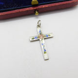 Sterling Silver & Rose Flower Guilloche Enamel Cross Pendant Antique c1920