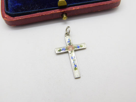 Sterling Silver & Rose Flower Guilloche Enamel Cross Pendant Antique c1920