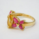 9ct Yellow Gold, Citrine & Ruby Set Floral Dress Ring Vintage c1990 Birmingham