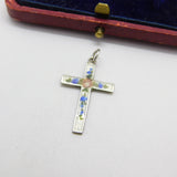 Sterling Silver & Rose Flower Guilloche Enamel Cross Pendant Antique c1920