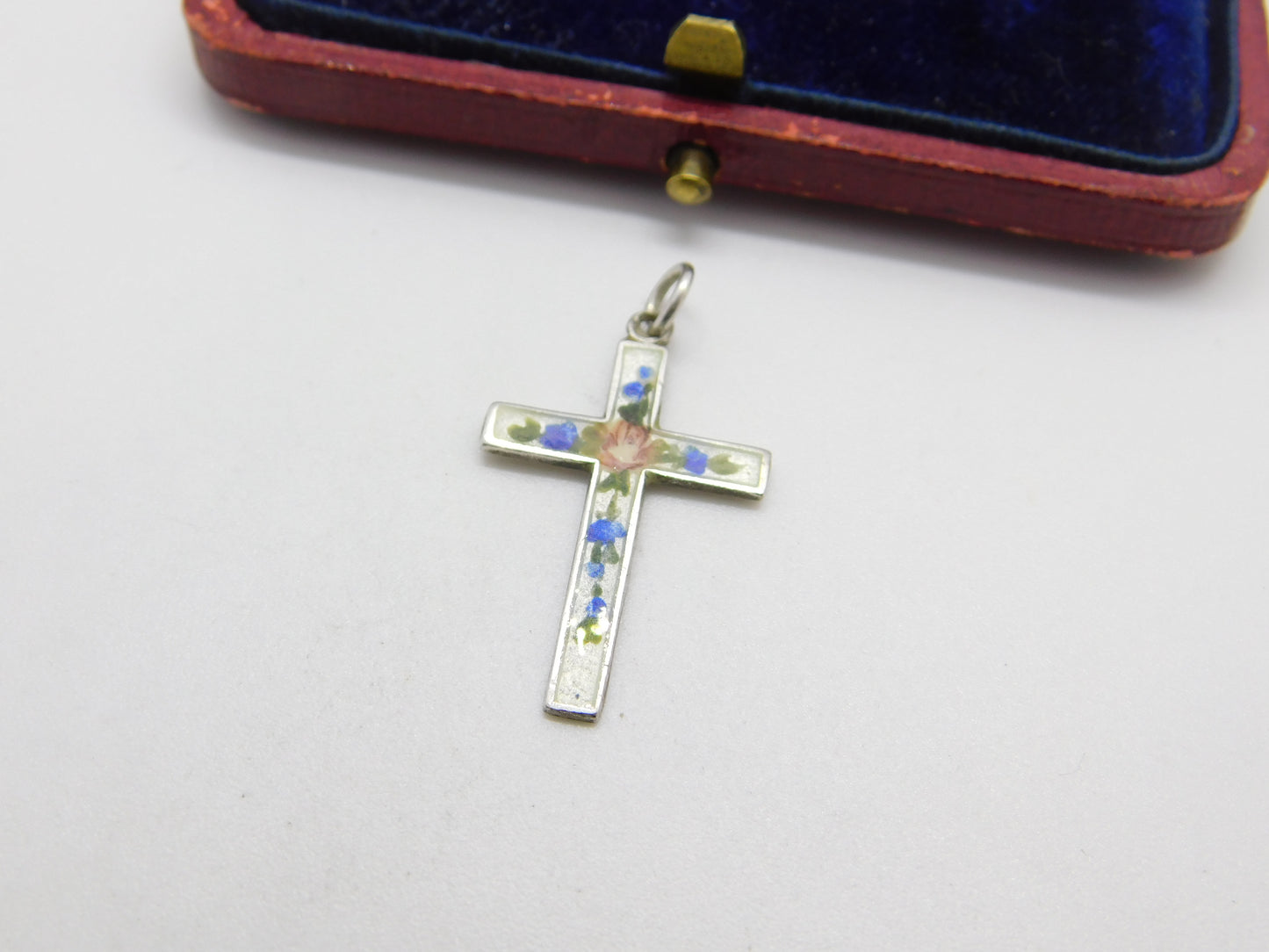 Sterling Silver & Rose Flower Guilloche Enamel Cross Pendant Antique c1920