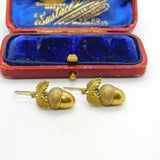Victorian Gilt Metal Acorn Leaf Lucky Drop Hook Earrings Antique c1860