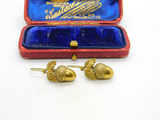 Victorian Gilt Metal Acorn Leaf Lucky Drop Hook Earrings Antique c1860