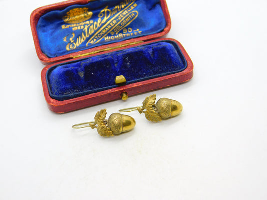 Victorian Gilt Metal Acorn Leaf Lucky Drop Hook Earrings Antique c1860