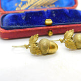 Victorian Gilt Metal Acorn Leaf Lucky Drop Hook Earrings Antique c1860