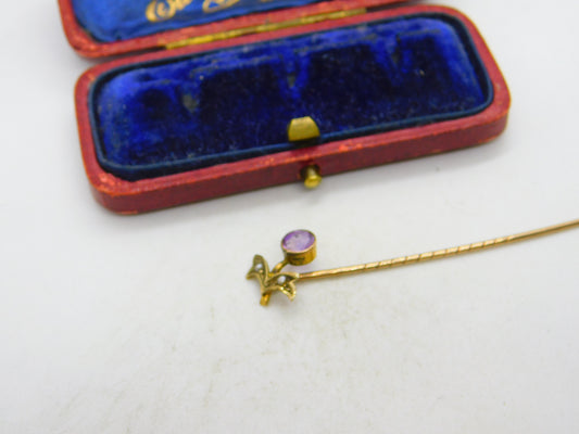 Victorian 9ct Gold, Seed Pearl & Amethyst Floral Wreath Stick Pin c1890 Antique