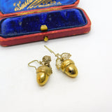 Victorian Gilt Metal Acorn Leaf Lucky Drop Hook Earrings Antique c1860