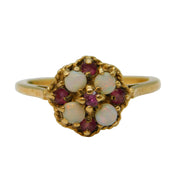 9ct Yellow Gold, Opal & Ruby Set Floral Cluster Ring Antique c1970 Birmingham