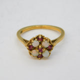 9ct Yellow Gold, Opal & Ruby Set Floral Cluster Ring Antique c1970 Birmingham