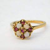 9ct Yellow Gold, Opal & Ruby Set Floral Cluster Ring Antique c1970 Birmingham