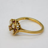 9ct Yellow Gold, Opal & Ruby Set Floral Cluster Ring Antique c1970 Birmingham